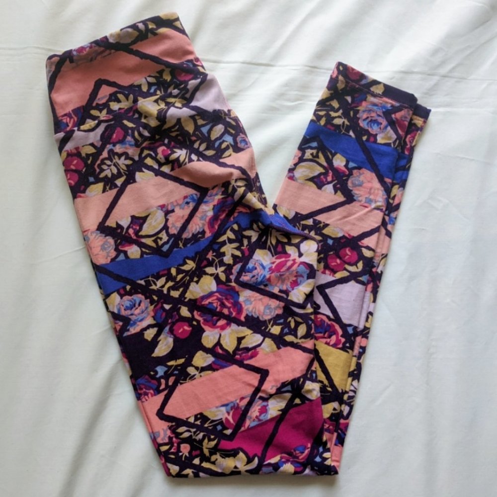 LulaRoe Floral Stripe Geometric Rainbow Legging OS
